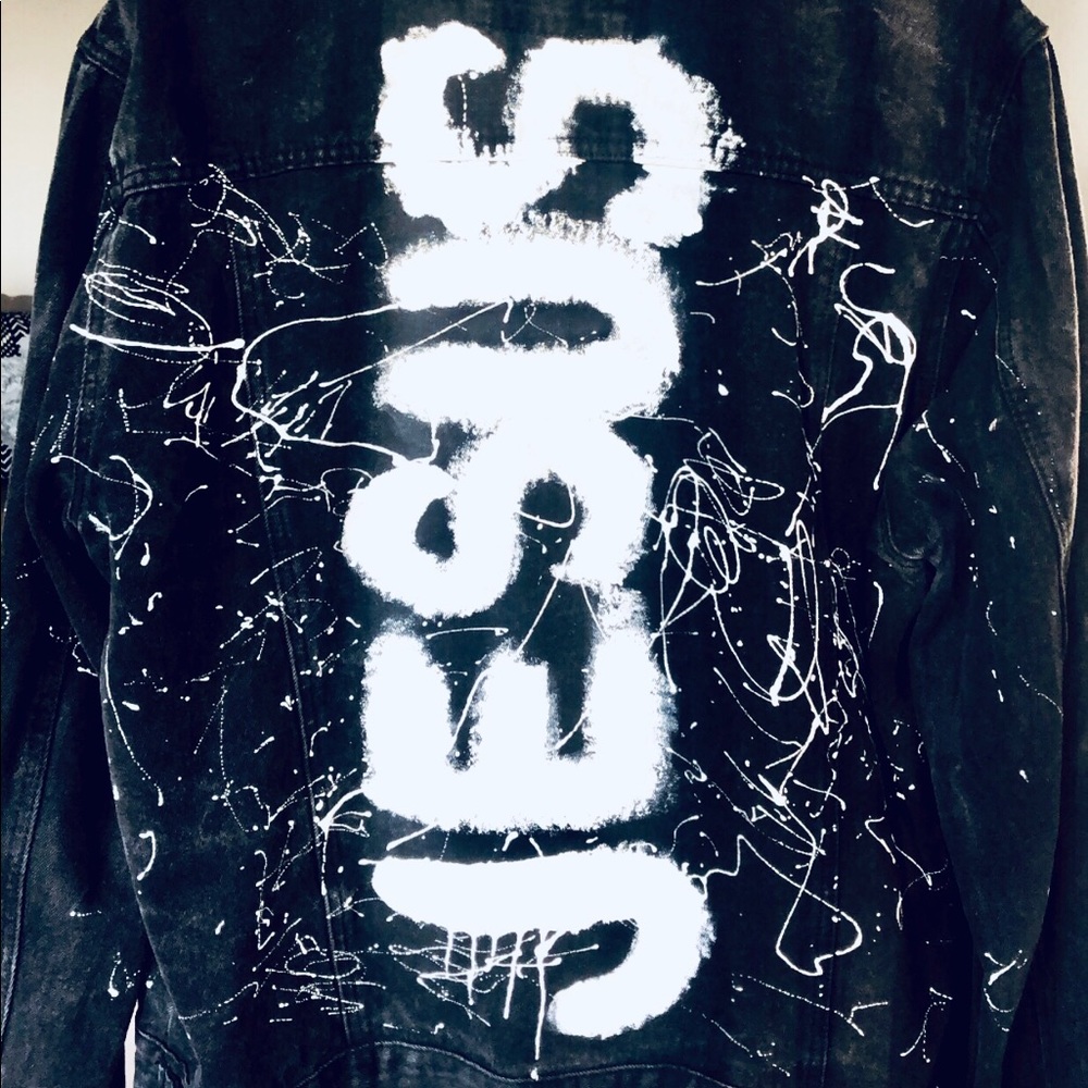 Customized distressed BLACK DENIM JACKET!  “JESUS”